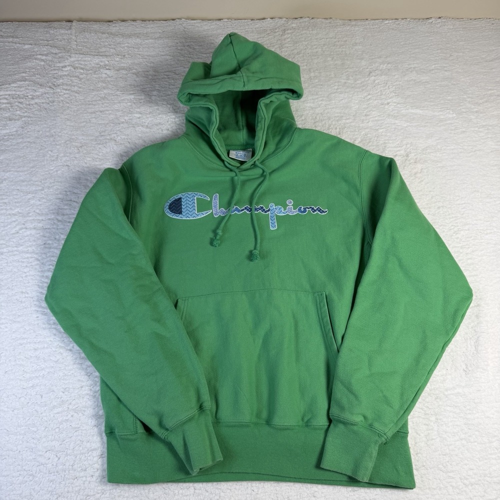 Champion Reverse Weave Hoodie Mens M Green Embroidered Spellout Logo Heavyweight